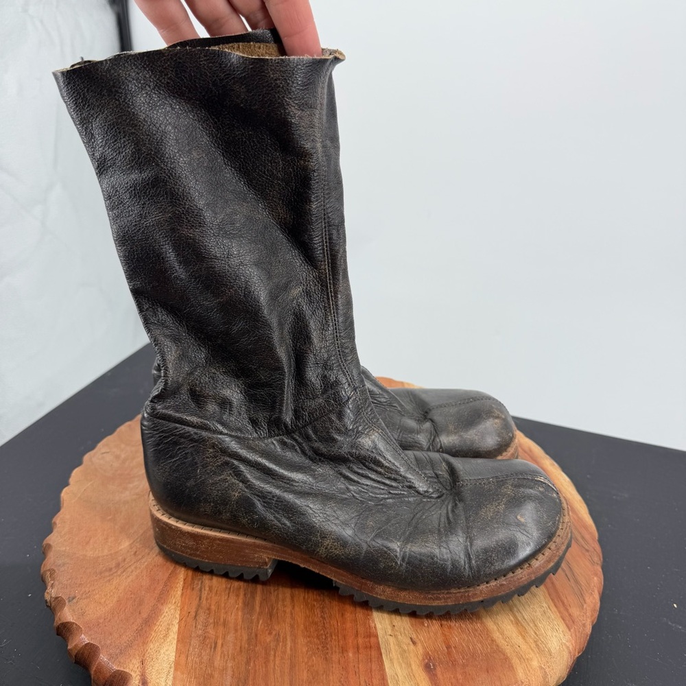 Jim Barnier Pull On Distressed Black Leather mid calf slouchy Boots